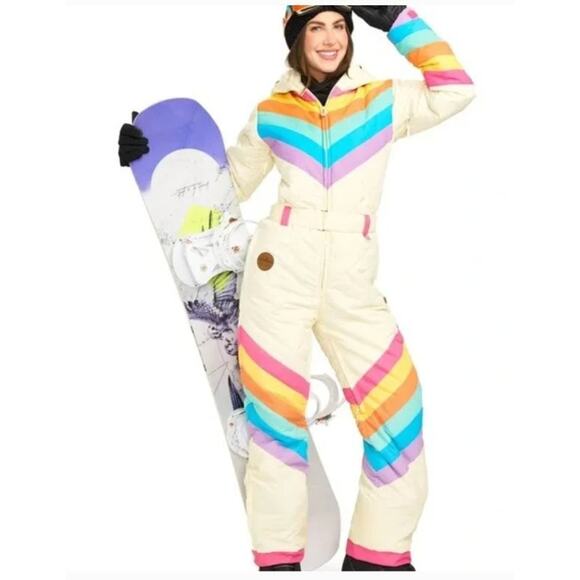 TIPSY ELVES Sz M Medium Rainbow Stripe Retro Snowsuit NWT - Picture 1 of 11